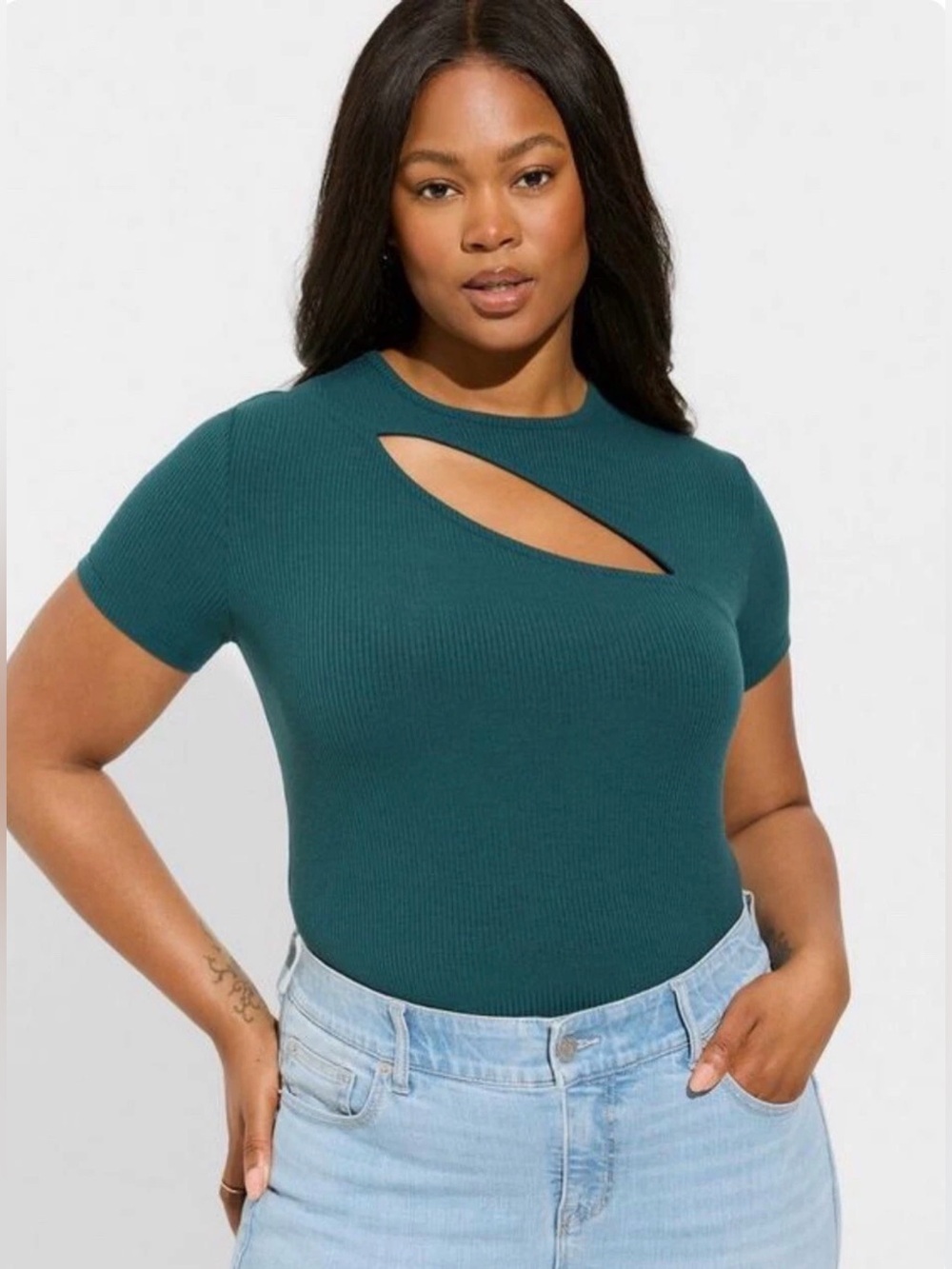 Torrid Fitted Super Soft Rib Crew Neck Asymmetrical Cut Out Tee Size 5X Teal